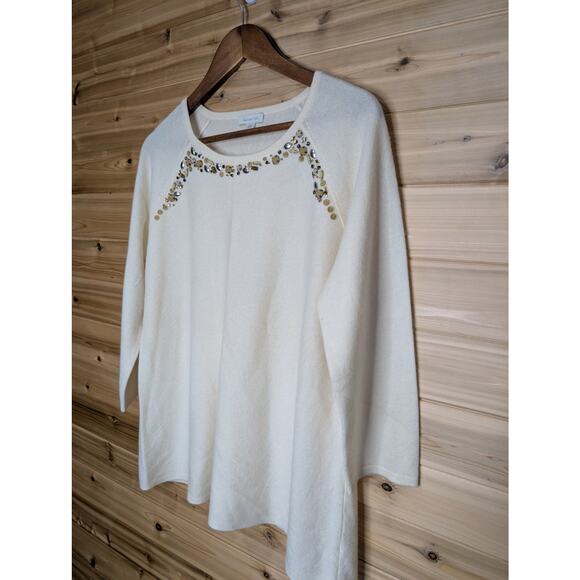 Garnet Hill Sweater Womens Large Cream Cashmere Beaded - Picture 2 of 11